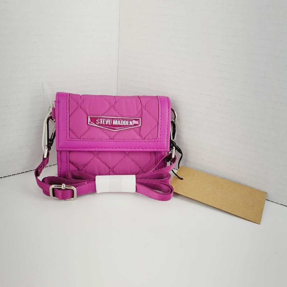 Steve Madden Quilted Moto Mulberry Purple/Pink Card Wallet on a Strap Crossbody